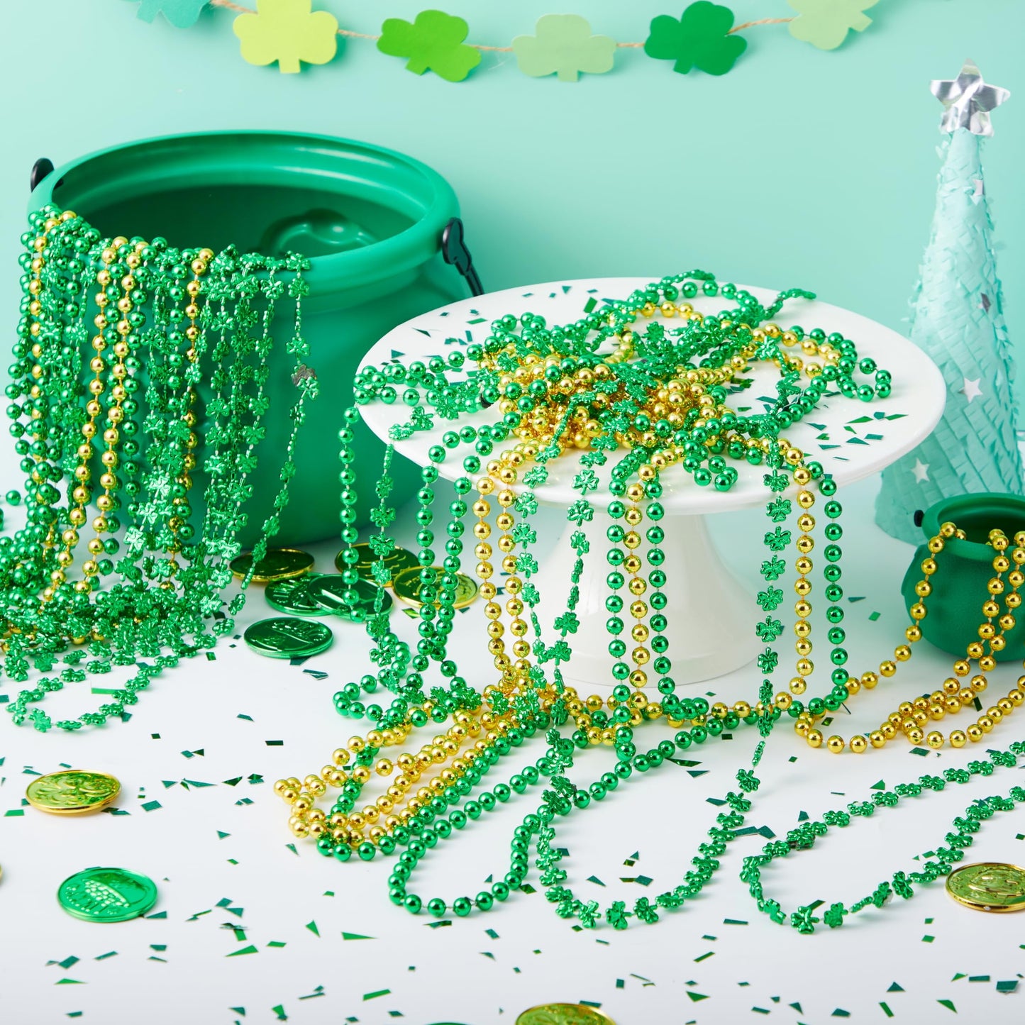 24 St. Patrick's Day necklace set, 8 green bead necklaces, 8 gold bead necklaces