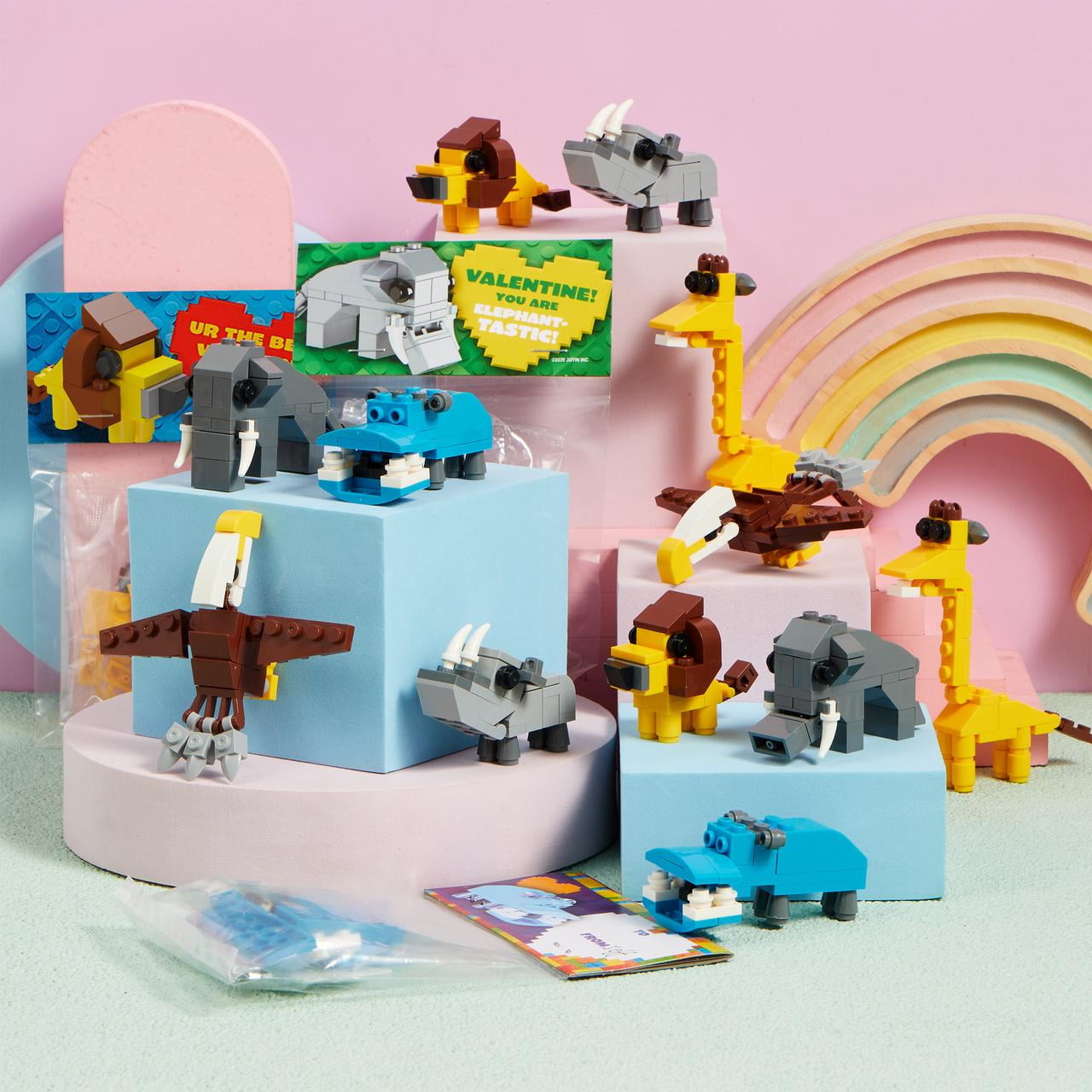24 Packs Valentines Day Cards with Safari Animal Building Blocks for Valentine Party Favor, Classroom Exchange Prize, Valentine’s Greeting Cards