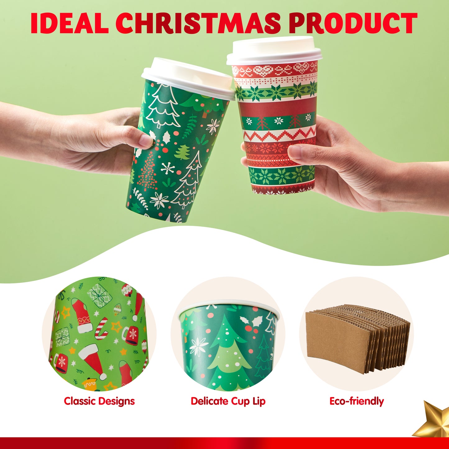 Joyfy 24 Pcs Christmas Disposable Paper Cups, 16 oz Xmas Dinnerware Cups With Cup Sleeves and Lids, 8 Designs Hot/Cold Beverages Tableware for Holiday Party Supplies