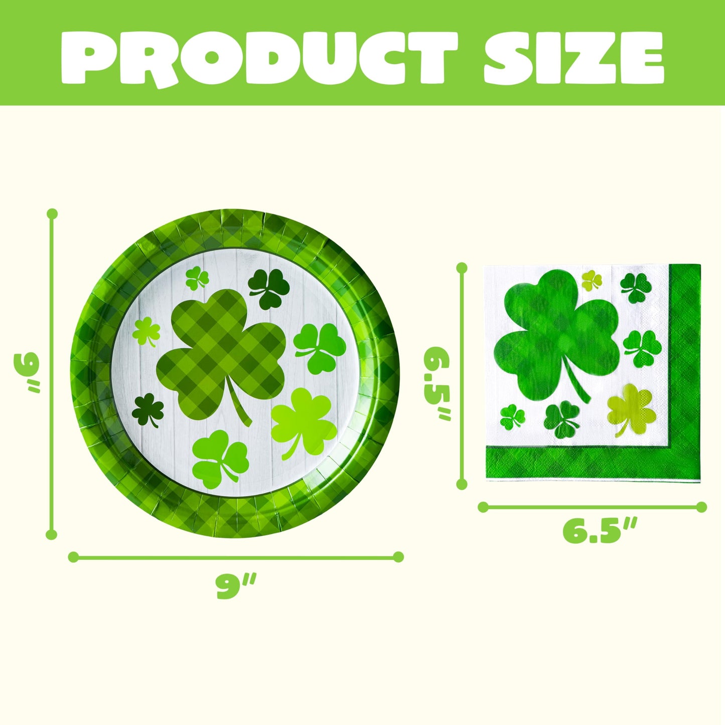 A set of 100 St. Patrick's Day plates and napkins, accommodating 50 pieces. 50 green clover checkered plates and 50 green clover checkered paper napkins, designed with clover