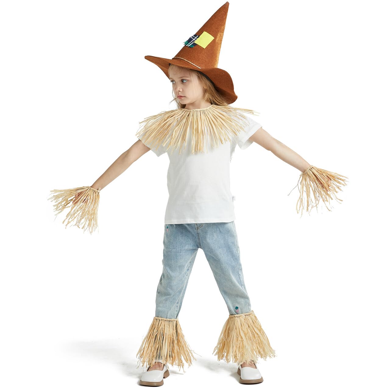 Joyfy 6 Pcs Halloween Scarecrow Costume Set,Scarecrow Costume Accessories Decoration with Scarecrow Hat and Scarecrow Skirt Raffia Neck Foot Hand Straws for Party Accessory Halloween Decoration