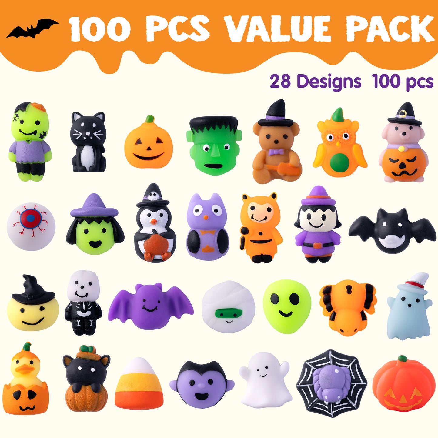 Joyfy 100 Pcs Halloween Mochi Squishy Toys,Squishy Toys for Kids,Halloween Classroom Favors Prizes Party Favors,Claw Machine Filler for Kids,Stress Relief Toys