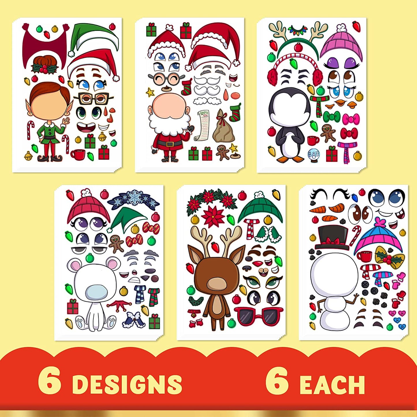 SYNCFUN 36 Pcs Christmas Make-a-face Sticker Sheets for Kids, Make Your Own Christmas Characters Mix and Match Sticker Sheets for Kids Party Favors Christmas Craft Kits