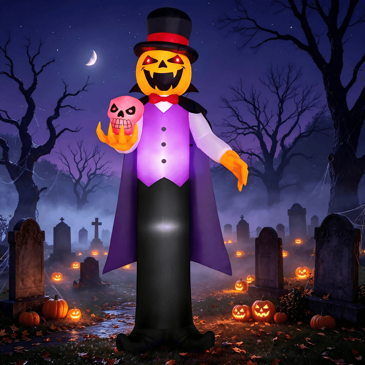 Joyfy 12 ft Giant Halloween Inflatable Pumpkin Ghost Vampire with Skull Decoration with Built-in LEDs,Ghost Halloween Decorations Outdoor Blow Up Yard Lawn Decoration