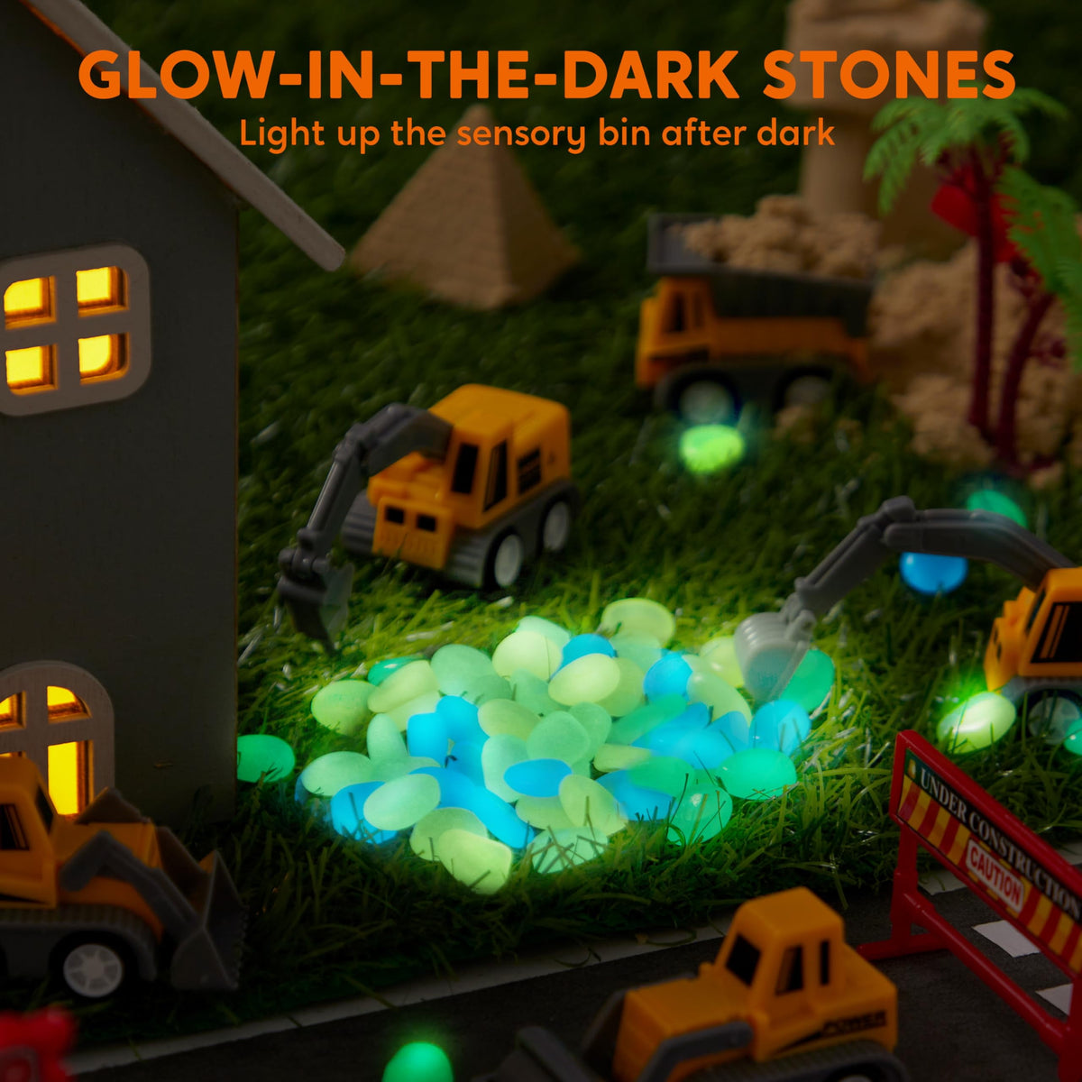 Glow in the dark pebbles in miniature construction scene