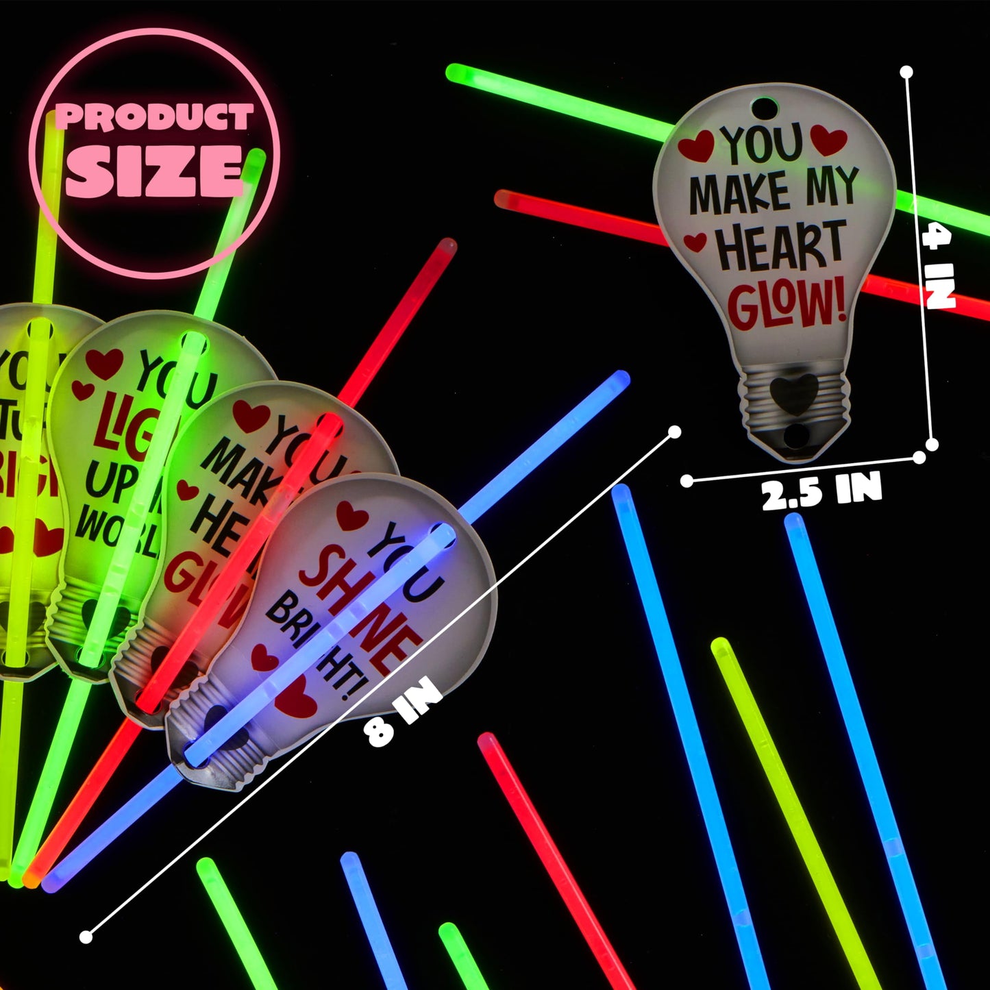 36 Packs Neon Valentines Day Gift Bulb Cards with Glow Sticks, Glow Necklaces for Valentine's Party Favor, Valentine Classroom Exchange Cards, Valentine School Prize