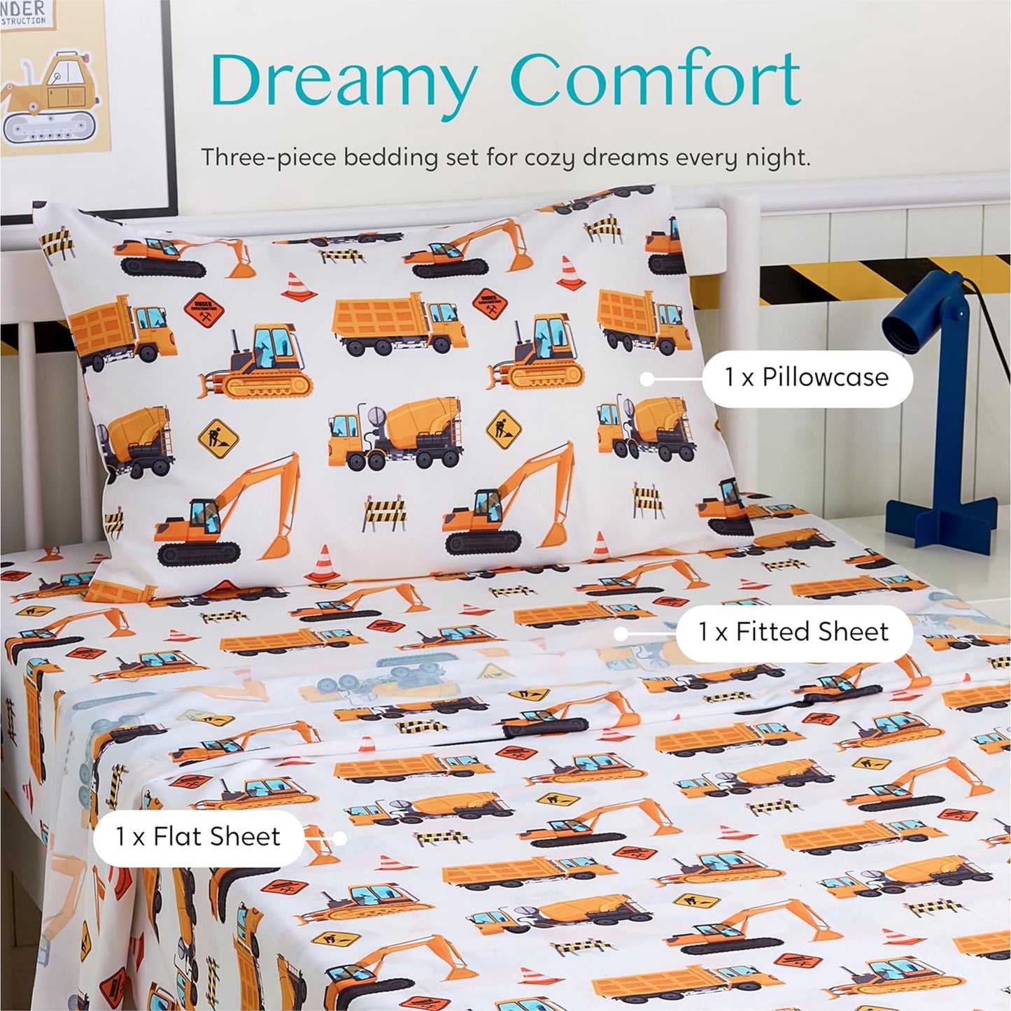 Joyfy Construction Vehicle Bed Sheet Set for Kids, Twin 3-Piece Soft Microfiber Sheets with Deep Pocket, Wrinkle & Fade Resistant Toddler Bedding for Boys