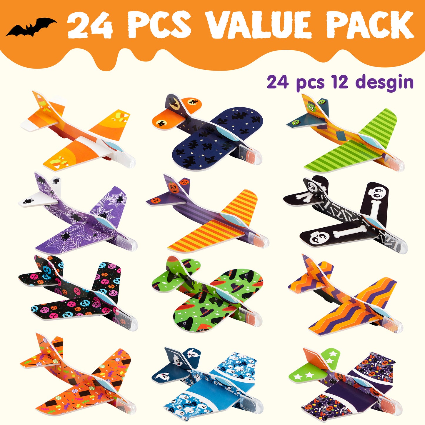 Joyfy 48 Pcs Halloween Foam Airplanes,12 Different Airplane Designs Halloween Toys Party Favors for Kids,Halloween Treat Bag Fillers