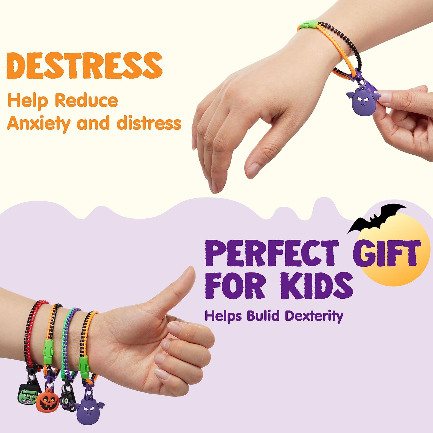 Joyfy 60 Pcs Halloween Zipper Bracelets Toys,Halloween Zipper Wristbands Toys Bulk for Party Favors,Halloween Goody Bag Fillers,Halloween Stretchy Toys for Classroom Prizes