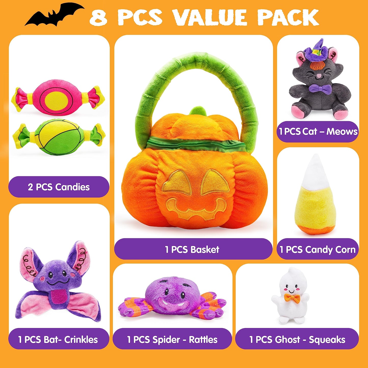 Joyfy 8 Pcs Halloween Basket with Stuffed Plush,Halloween Gift Basket Stuffers for Baby Kids Toddler,Halloween Toys,Halloween Pumpkin Decorations