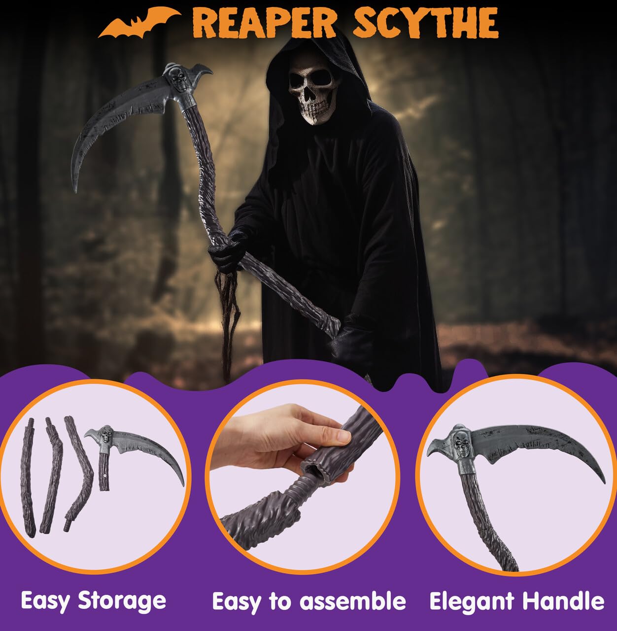 Joyfy 55inch Grim Reaper Scythe Halloween Accessories,Scythe Prop for Halloween Party Pretend Play Grim Reaper Costume,Halloween Dress Up