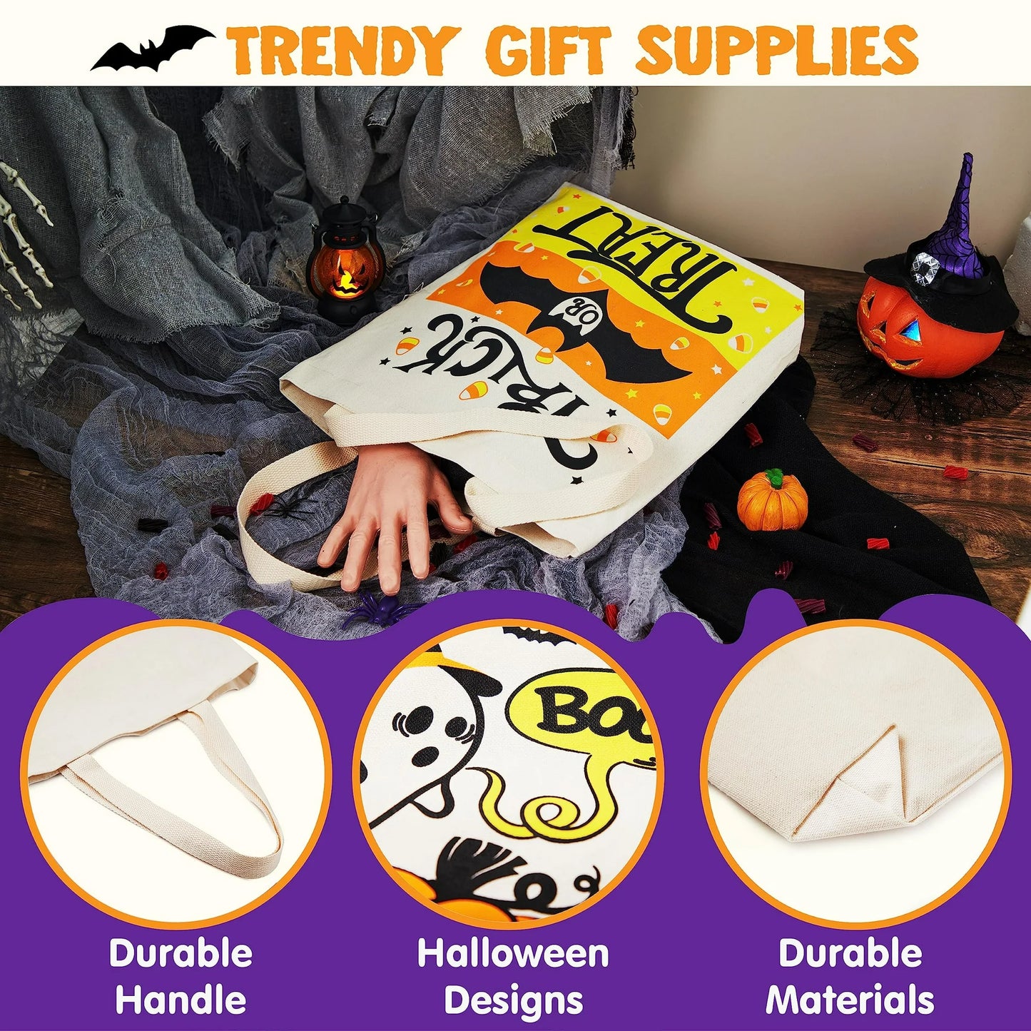 SYNCFUN 3 Pcs 13.75" Halloween Trick or Treat Bags,Halloween Tote Bags with Handles Goodie Bags,Halloween Gift Bags,Pumpkin Party Favor Halloween Basket