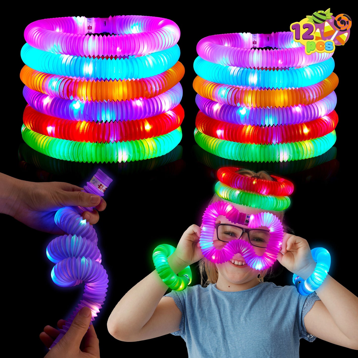 Joyfy 12PCS Halloween Glow Sticks, 6 Colors Glowsticks for Kids Trick or Treat, Halloween Light Up Pop Tube Toys, Bulk Party Supplies Favors