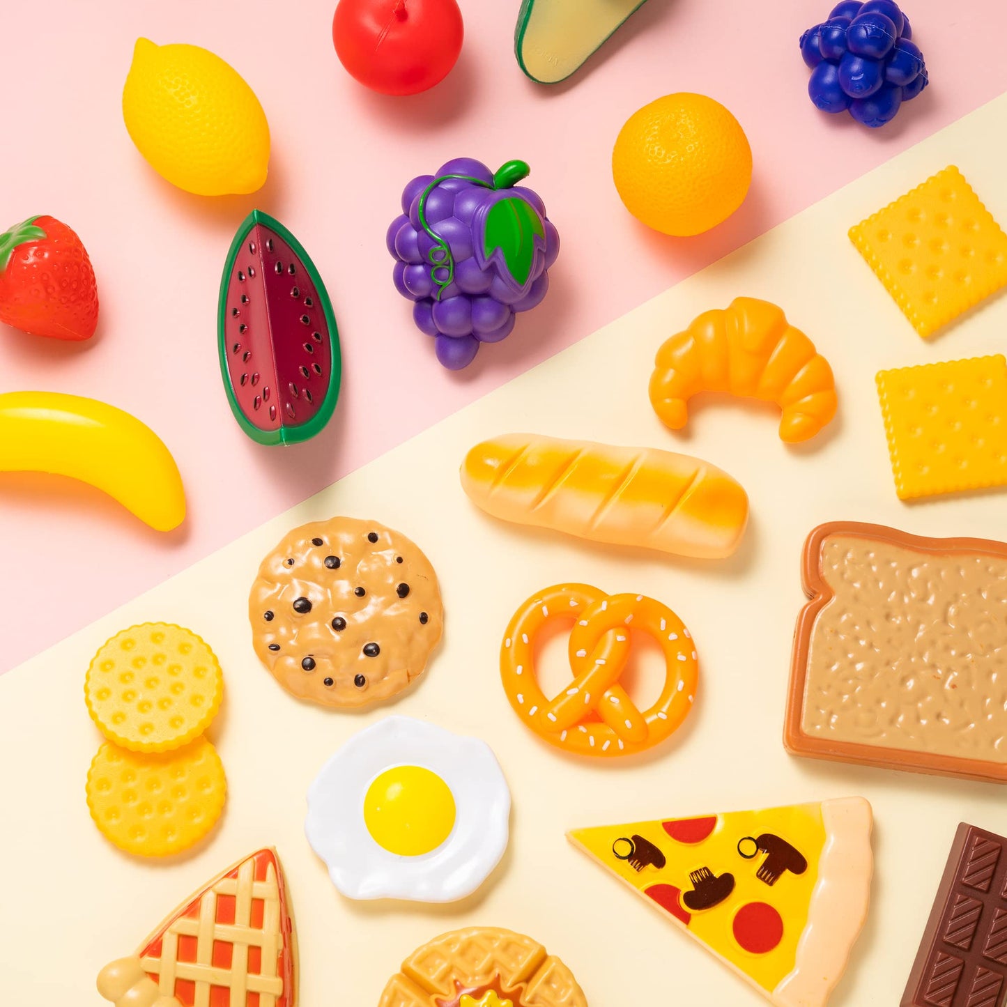 SYNCFUN 50 Pcs Kids Play Food Toys, Pretend Play Kitchen Playset with Fake Food for Kids Toddlers, Easter Birthday Gifts Party Supplies