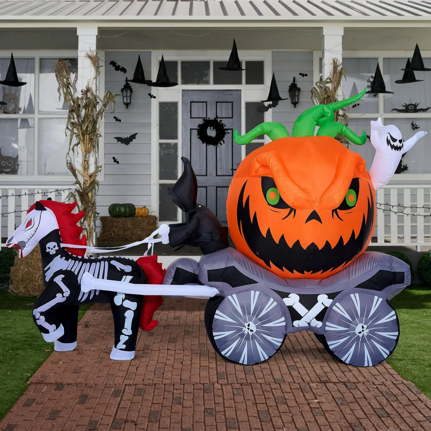 8 FT Halloween Inflatable Long Inflatable Grim Reaper Driving Pumpkin Carriage with Build-in Flaming LED Lights,Blow UP Outdoor Yard Decoration