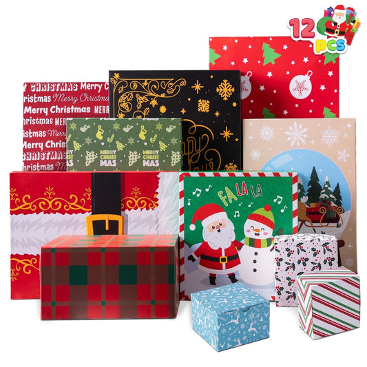 12 Pcs Christmas Shirt Gift Boxes with Lids for Presents, 4 Assorted Different Size Cardboard Boxes, 12 Designs Xmas Robe Box for Clothes, Birthday Holiday Wedding Gift Wrap Decor