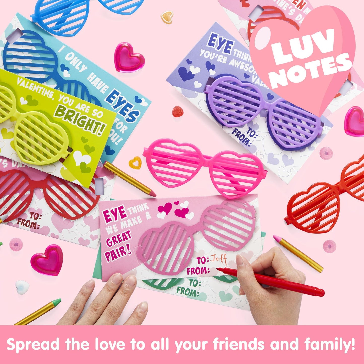 28 Packs Valentines Day Cards with Heart Shaped Glasses for Kids, Valentines School Classroom Exchange Cards Gifts, Valentines Party Favors