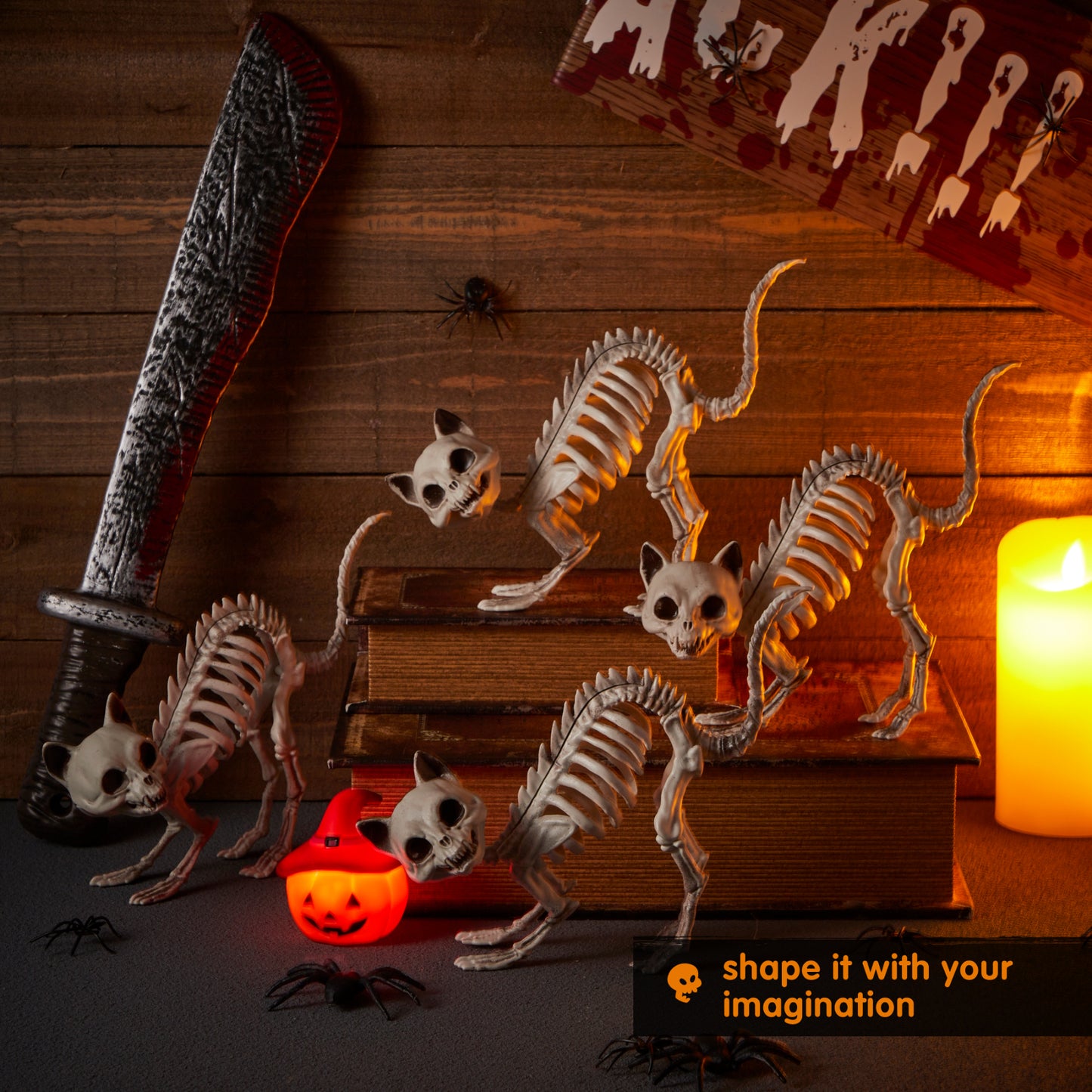 Syncfun 4 Pcs Cat Skeleton Halloween Decoration,7 Inch Posable Plastic Animals Halloween Skeleton for Indoor Outdoor Halloween Decorations,Haunted House Party Props