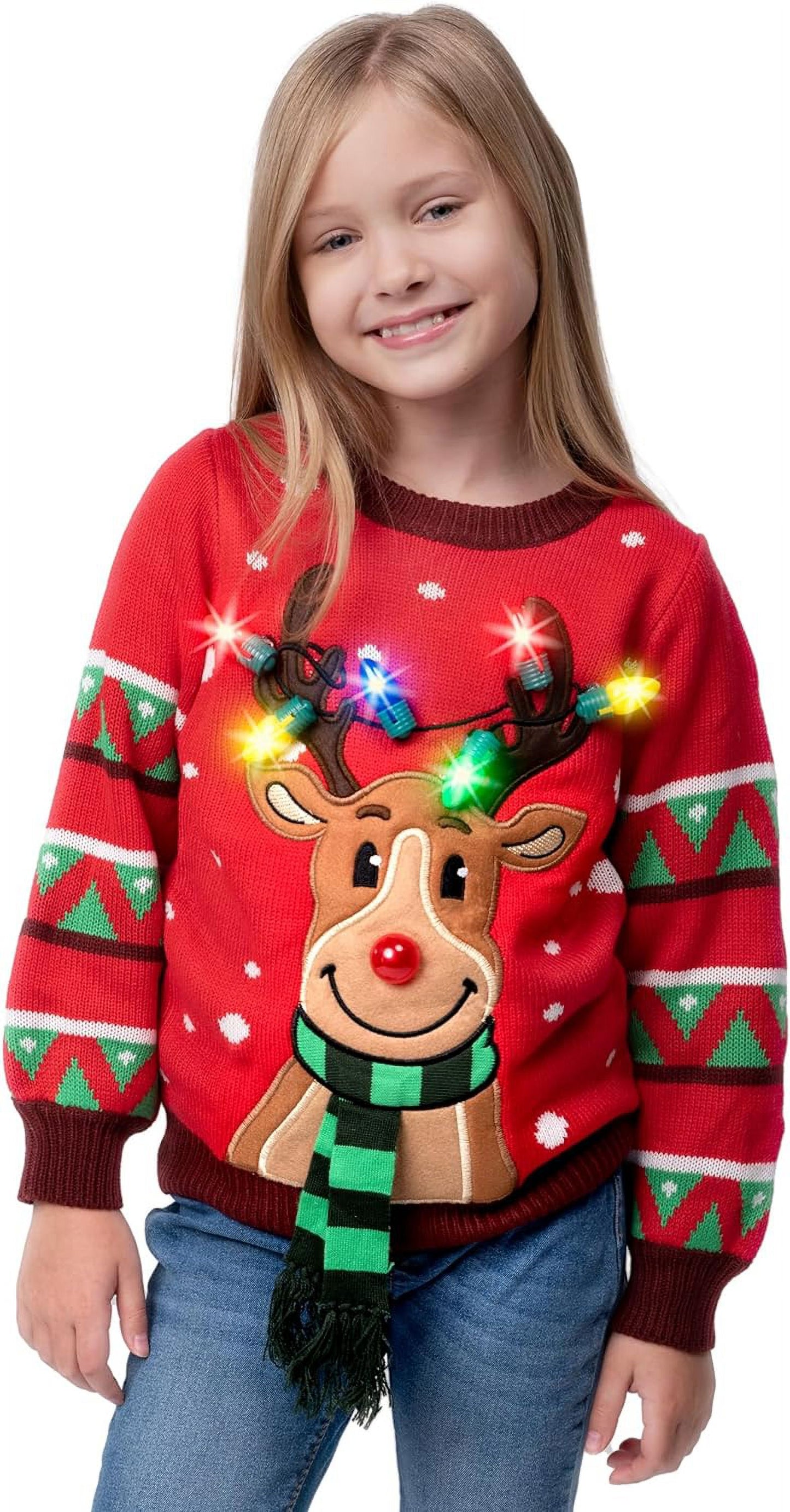 Syncfun Light Up Ugly Christmas Sweater for Kids,Funny LED Reindeer Christmas Sweater for Girls Boys,Holiday Sweater