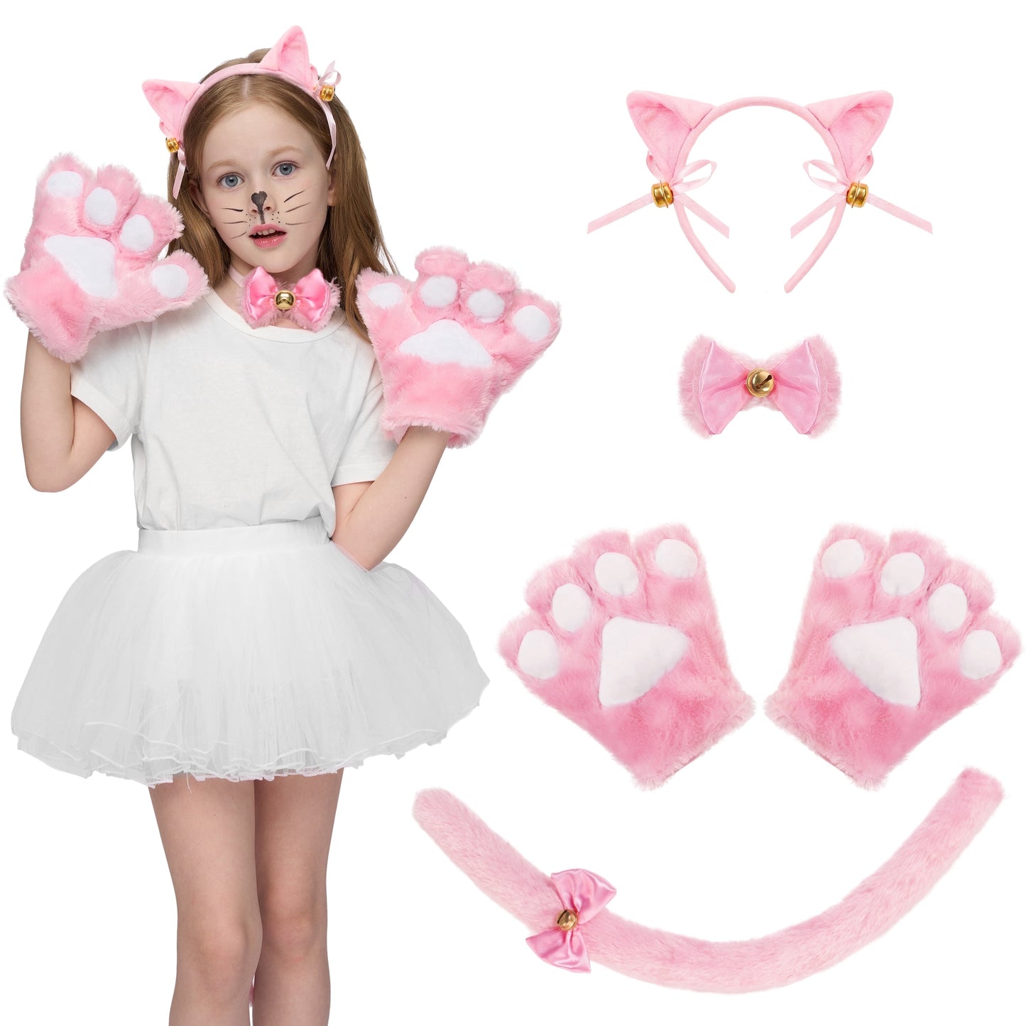 Joyfy 5 Pcs Pink Kitty Cat Costume Accessories Set for Adult & Kids - Pink Cat Ears Headband, Paws Gloves, Bow Tie, and Tail for Halloween Party Cosplay Dress Up