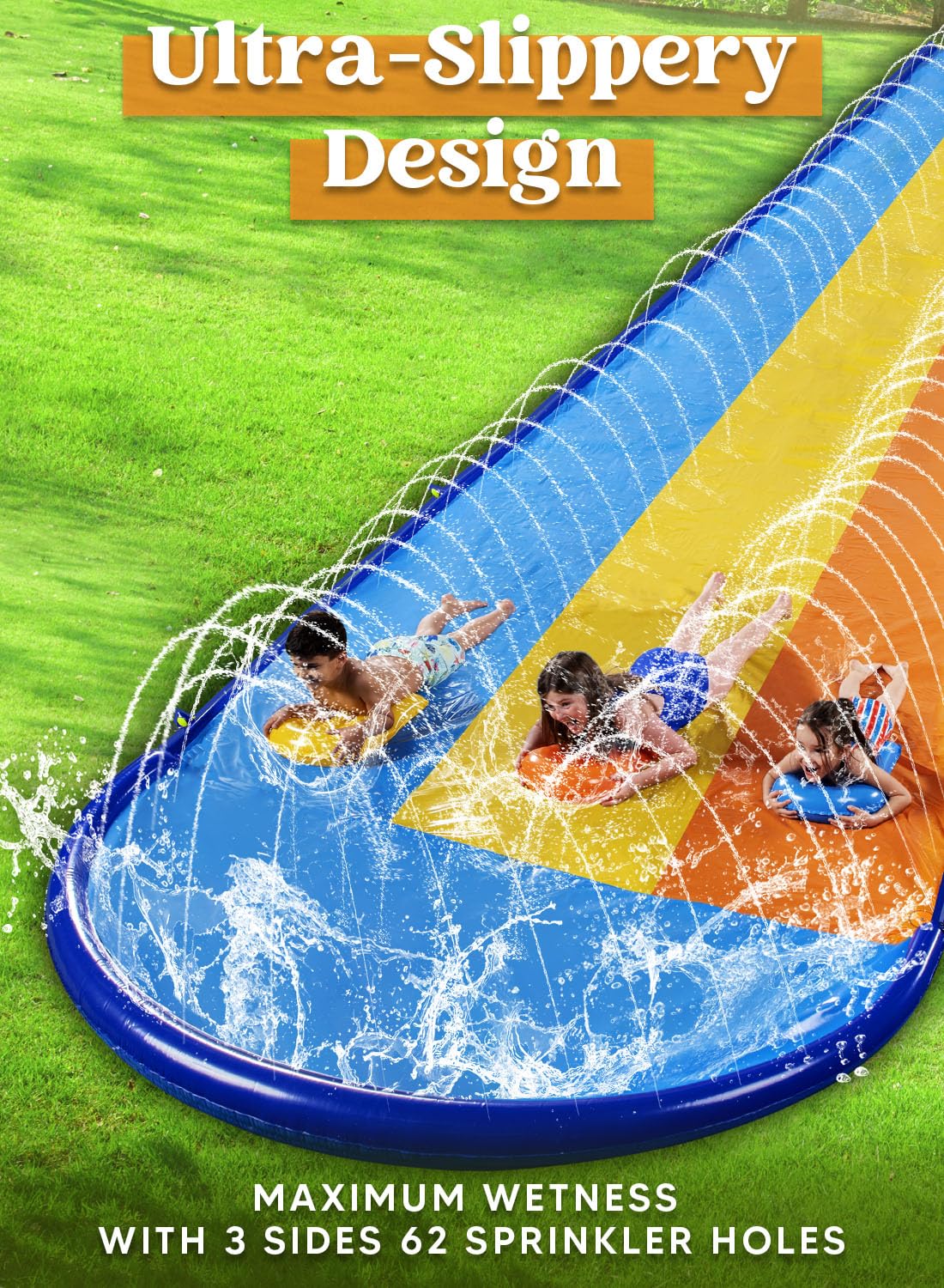 SYNCFUN 22.5ft Triple Water Slide and 3 Inflatable Boards, Backyard Summer Lawn Water Slides Waterslides and Sprinkler Water Toys for Kids Adults Outdoor Fun