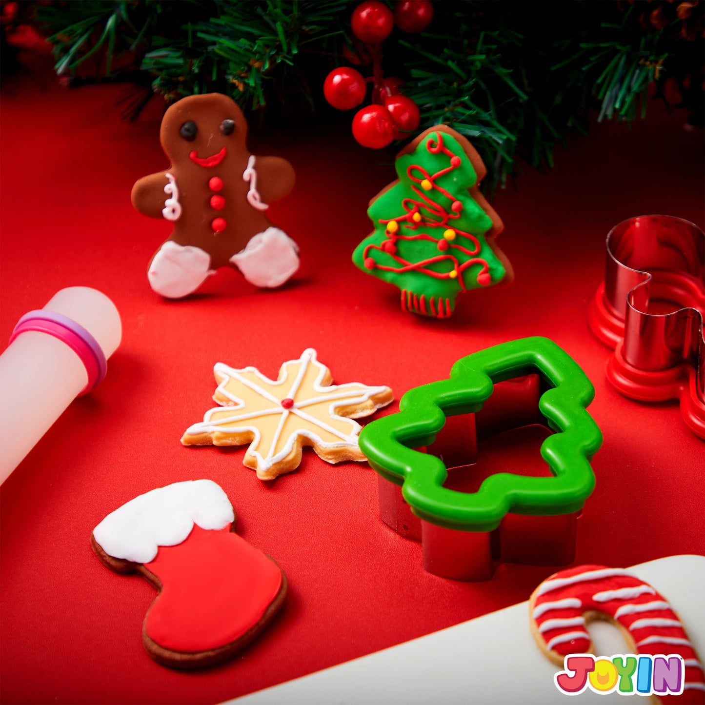Joyfy 13 Pcs 3.5" Christmas Cookie Cutters with Rolling Pin for Christmas Party Cookies Baking