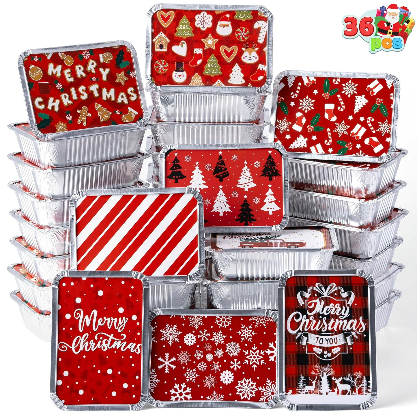 SYNCFUN 36 Pcs Christmas Foil Containers with Lids, 7"x5"x2" Rectangular Treat Foil Containers, Disposable Food Containers for Holiday Baking, Cooking, Heating, Storing, Prepping Food