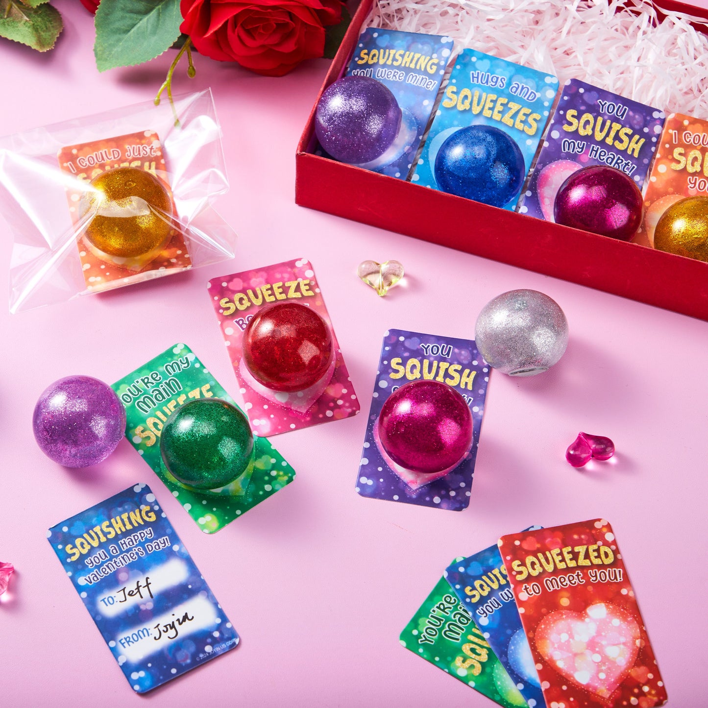 28 Packs Valentine's Day Stretchy Balls with Cards, Classroom Exchange Gift for Kids, Valentine's Party Favors, Classroom Holiday Reward Prizes, Stress Relief Stretch Balls