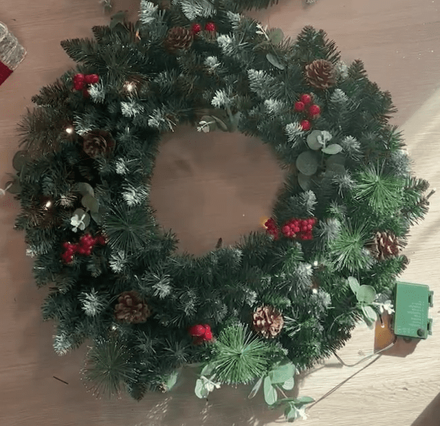 Joyfy 24¡± Christmas Wreath Prelit with 15¡± Hanger and LED Lights, Red Berries, Pine Cones Glitter Pine Needles for Front Door Decoration and Indoor Outdoor Christmas Decorations