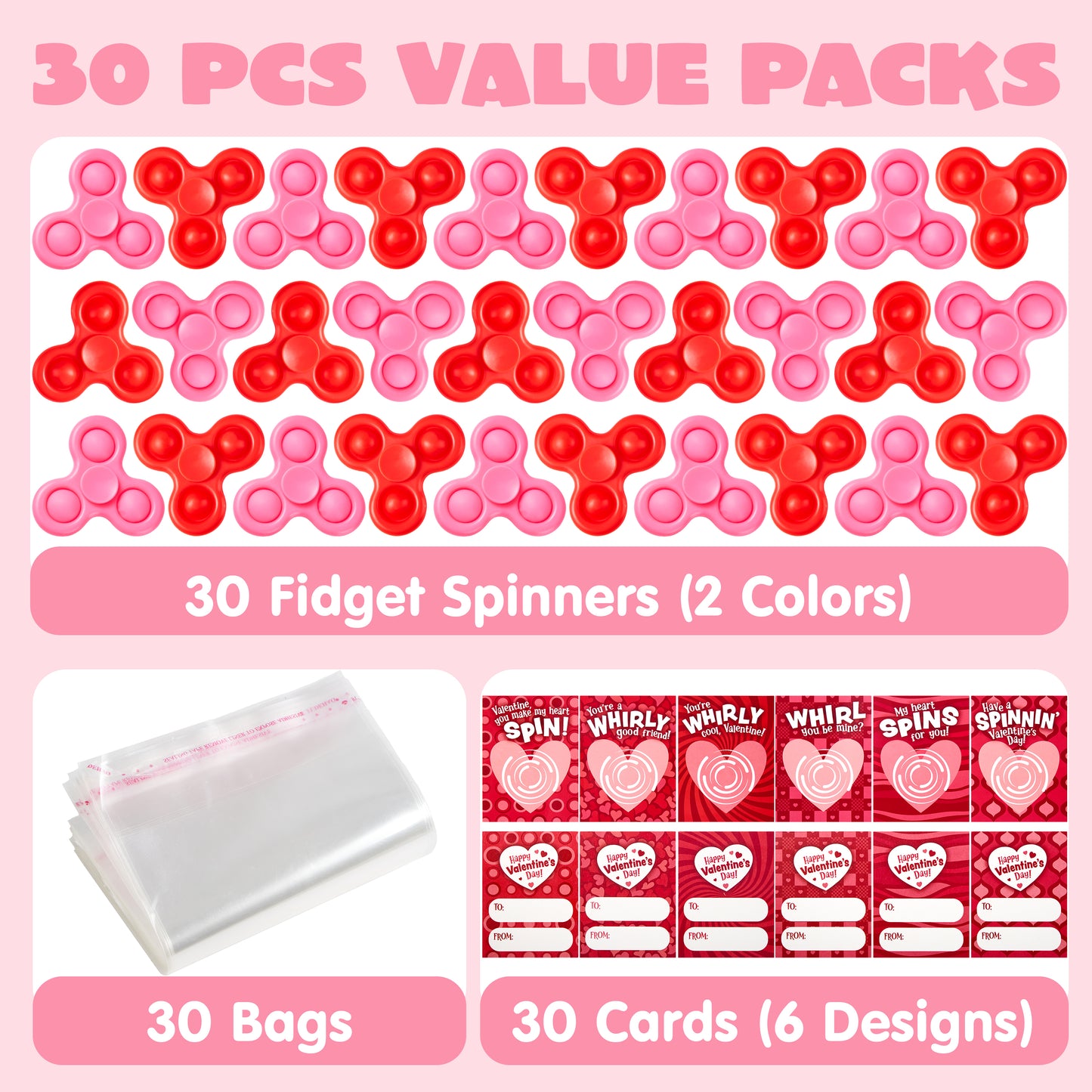 30 Packs Valentine's Day Gift Cards with Fidgets Spinners, Pop Bubble Spinners Fingertip Toys, Stress Relief Fidget Toys for Kids Valentine's Party Favors, School Prize and Goody Bag Filler
