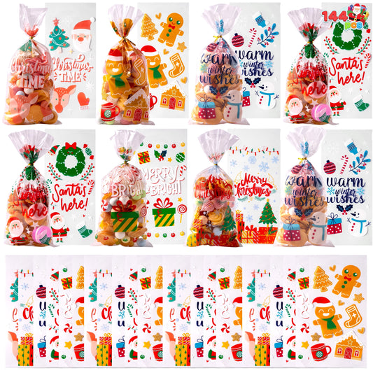 Joyfy 144 Pcs Christmas Cellophane Candy Bags, Holiday Treat Goody Cookie Mini Bags with Ribbon Ties for Festivals Presents, Party Supplies, Xmas Candy Gift, Christmas Gifts (11 x 5 inches)