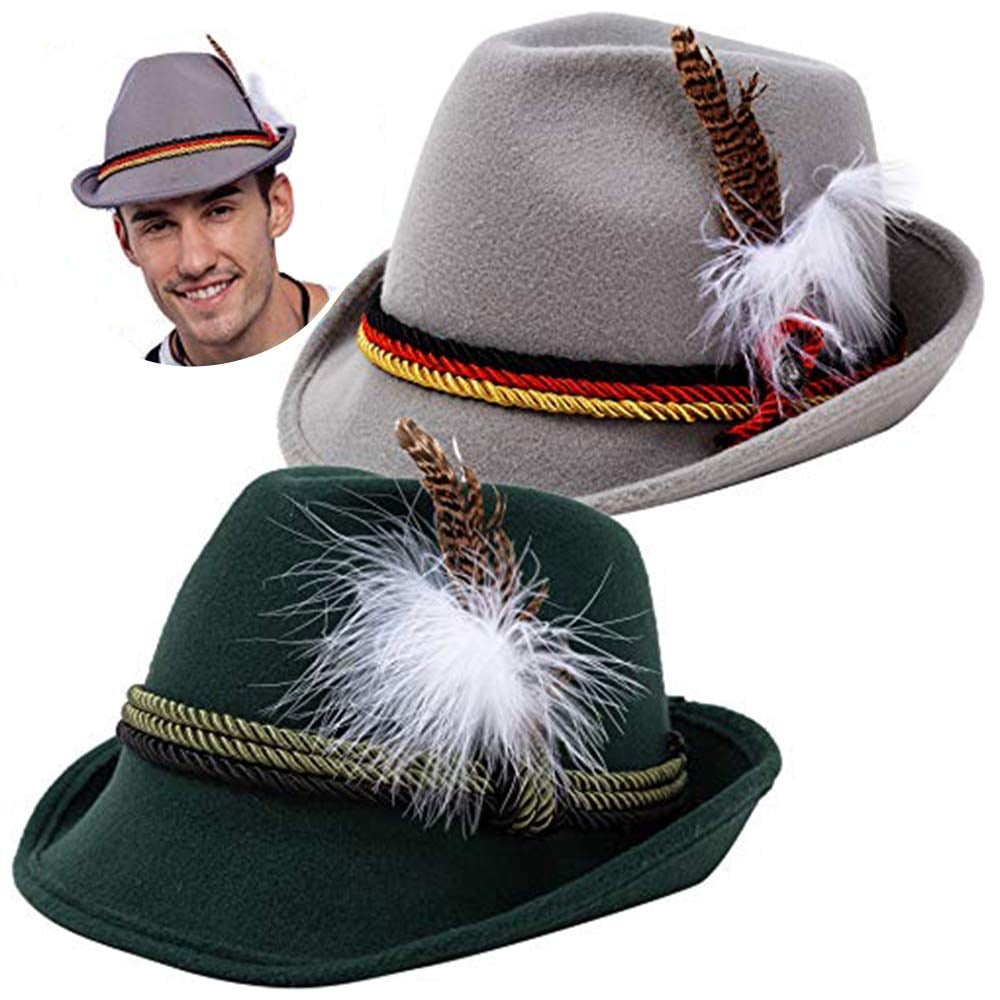 Joyfy 2 Pcs Oktoberfest Hat Set for Adults, Green Gray Felt Alpine Hat Bavarian Costume Accessory for Halloween Party and Cosplay