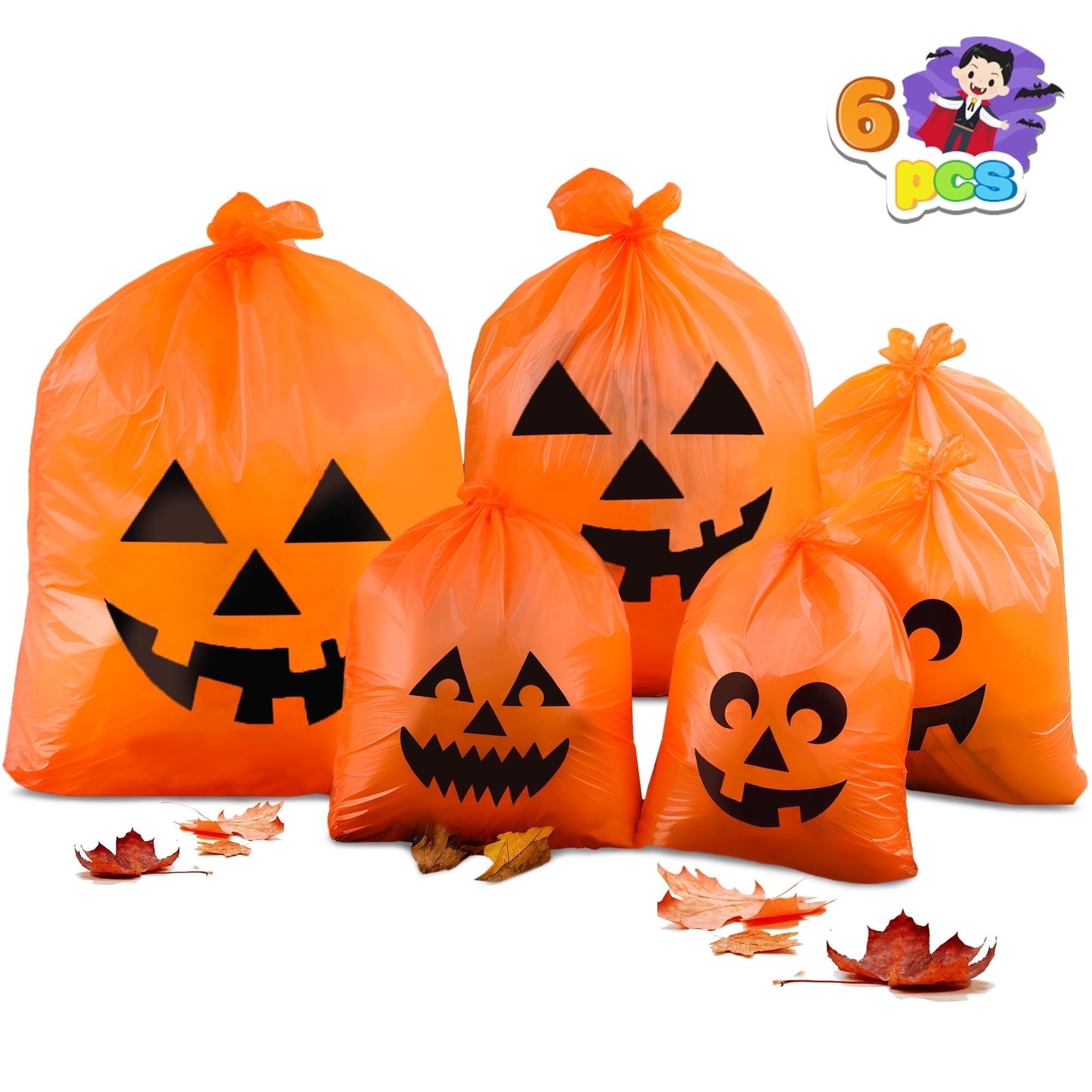 Joyfy 6 Pcs Halloween Pumpkin Leaf Bags, Plastic Lawn Bags for Yard Fall Leaf Halloween Decorations, Jack o Lantern Reusable Trash Bag for Party Favor