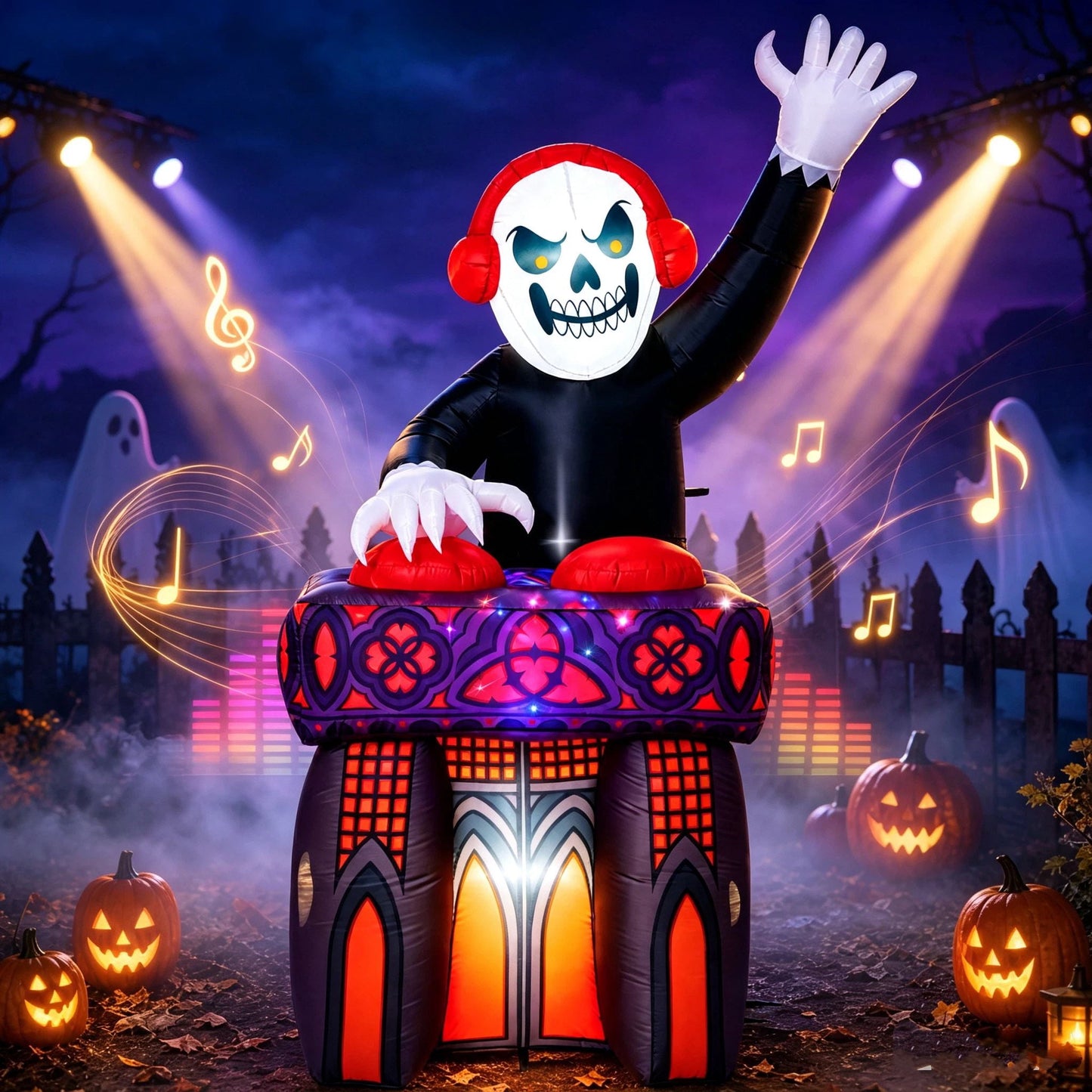 Joyfy 6FT DJ Skeleton Inflatable Decoration with Music ¨C Built in Bluetooth Speaker & Music Track, Spooky Halloween Blow Up Decoration for Yard Lawn Indoor Outdoor, DJ Skeleton Inflatable with Music