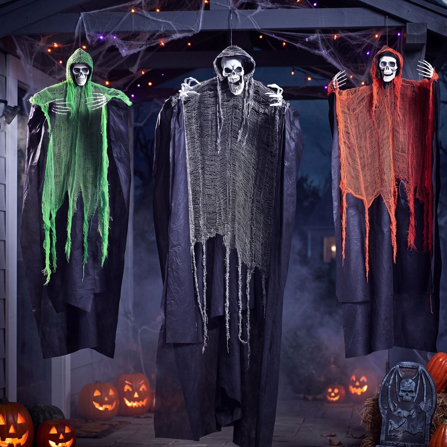 Joyfy 3 Pack Hanging Grim Reapers Outdoor Decoration,1 x 63  & 2 x 47  Skeleton Ghost Decor,Outdoor Halloween Props for Haunted House & Party