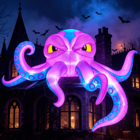 Joyfy 10 FT Long Halloween Inflatable Purple Octupos Head with Tentacles Broke Out from Window with Built-in LED Blow Up Inflatable for Window Decoration Yard Garden Lawn Decor