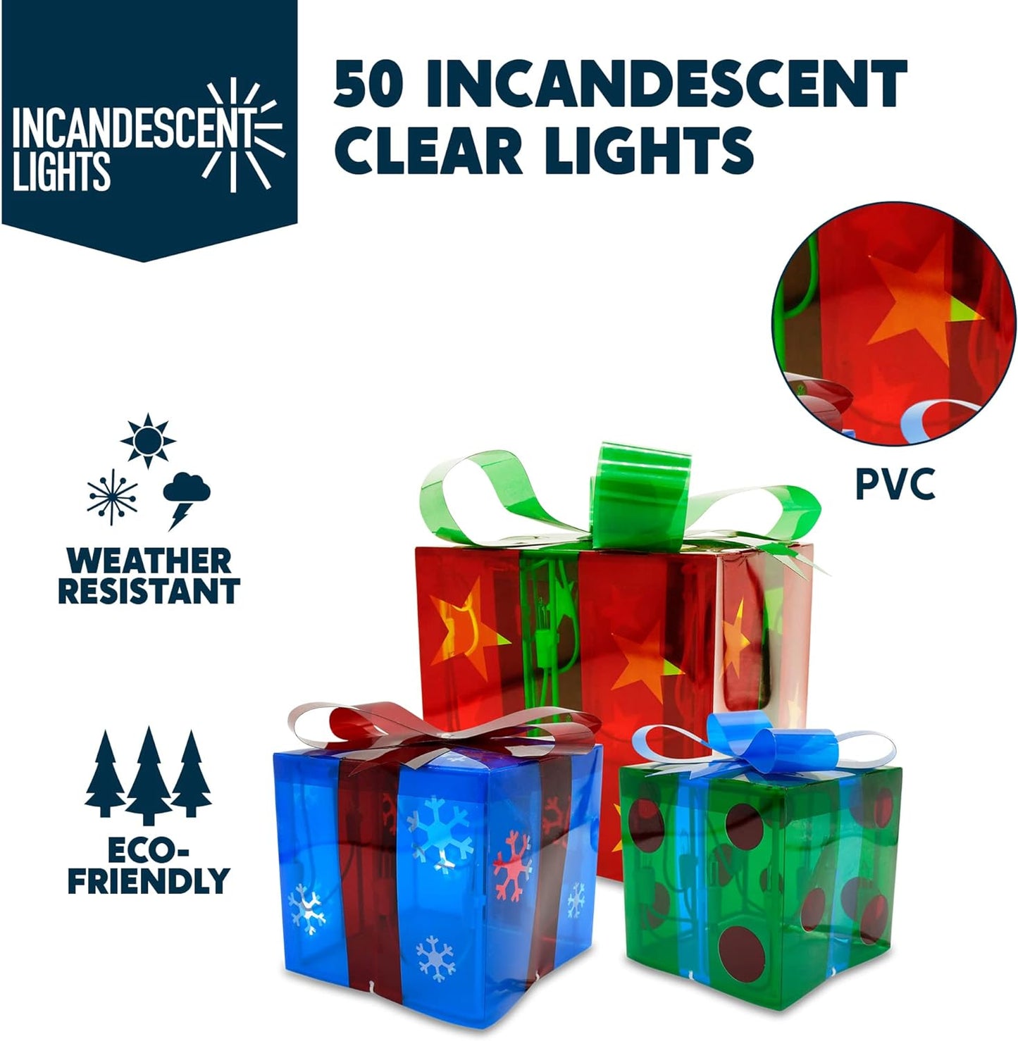 SYNCFUN 3 Pcs Gift Boxes Light Christmas Outdoor Decorations,50 Star Pre-Lit LED Present Boxes Christmas Decorations,Christmas Yard Christams Tree Holiday Decor