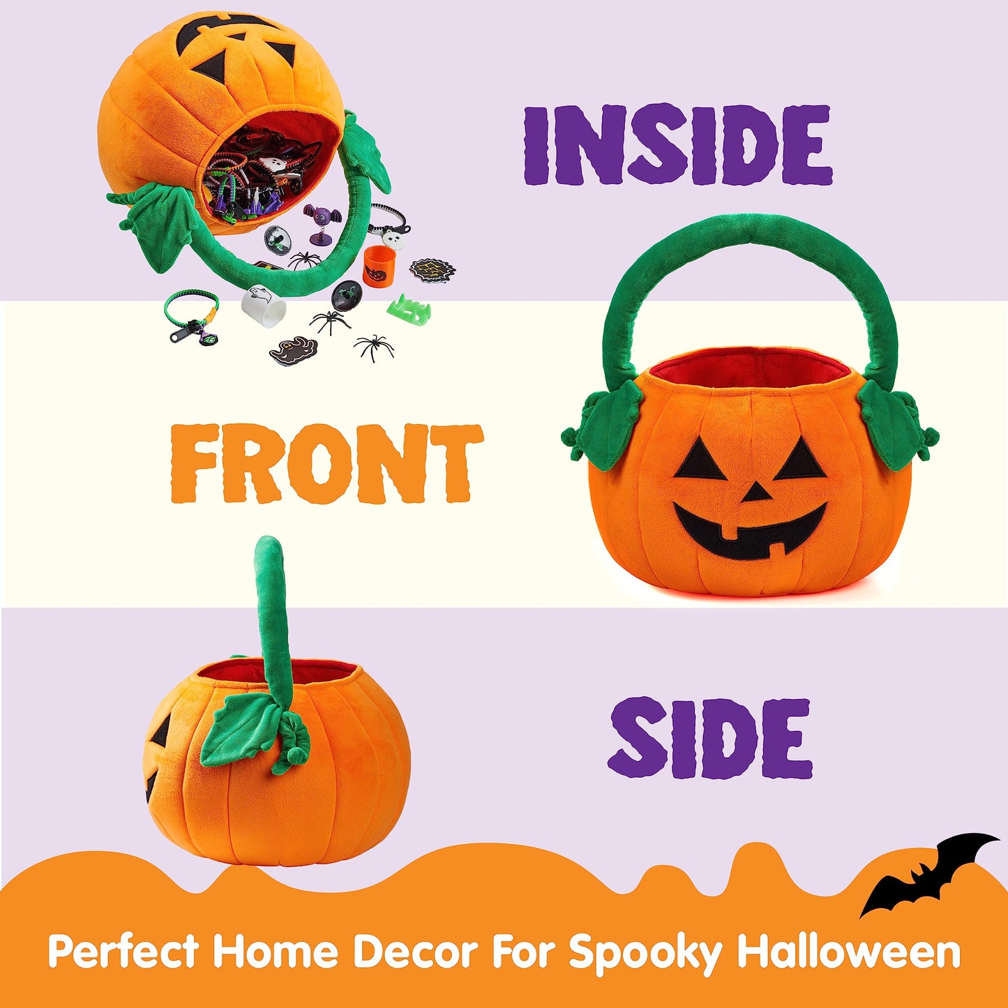 Joyfy Halloween Bucket Halloween Candy Bags,Pumpkin Basket Plush Trick or Treat Bucket Pumpkin Tote for Kids Toddler Candy Treats,Large Halloween Basket