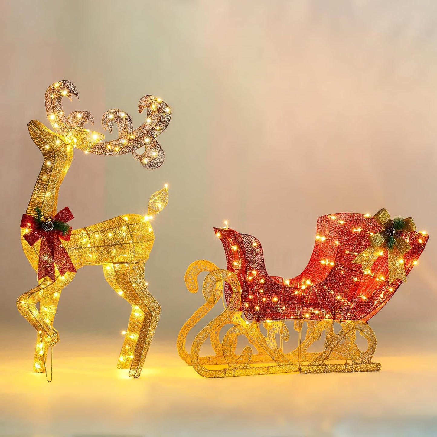 SYNCFUN 4 FT Reindeer Christmas Outdoor Yard Light Decorations,200 LED Lights Reindeer and Sleigh for Christmas Outside Lawn Decor,Warm White Light