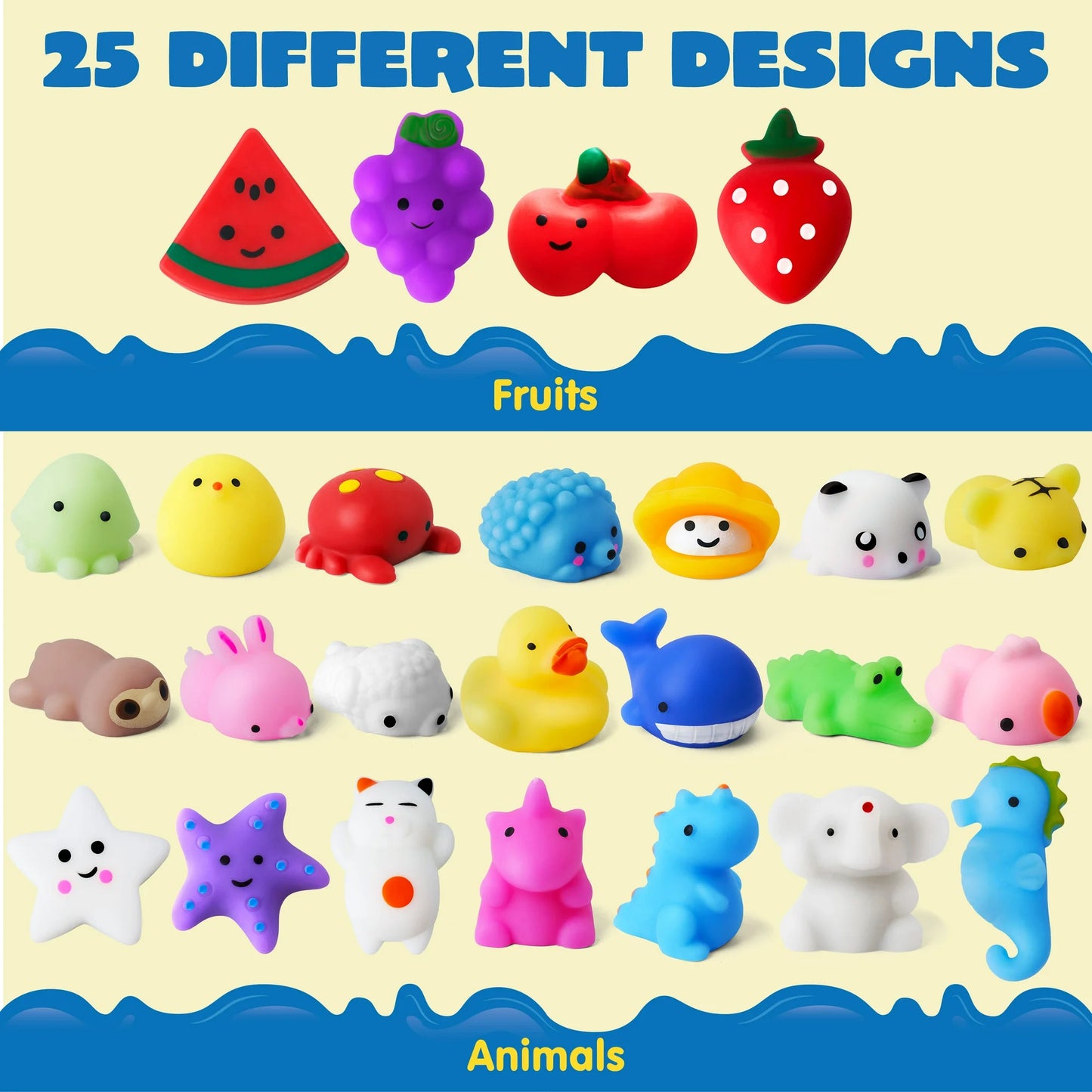 25 Pcs Mochi Squishy Toys for Kids Mini Kawaii Squishies Fidget Toys Animals & Fruit Stress Relief Toys for Party Favors, Classroom Prizes, Pinata Filler, Goodie Bags Stuffers