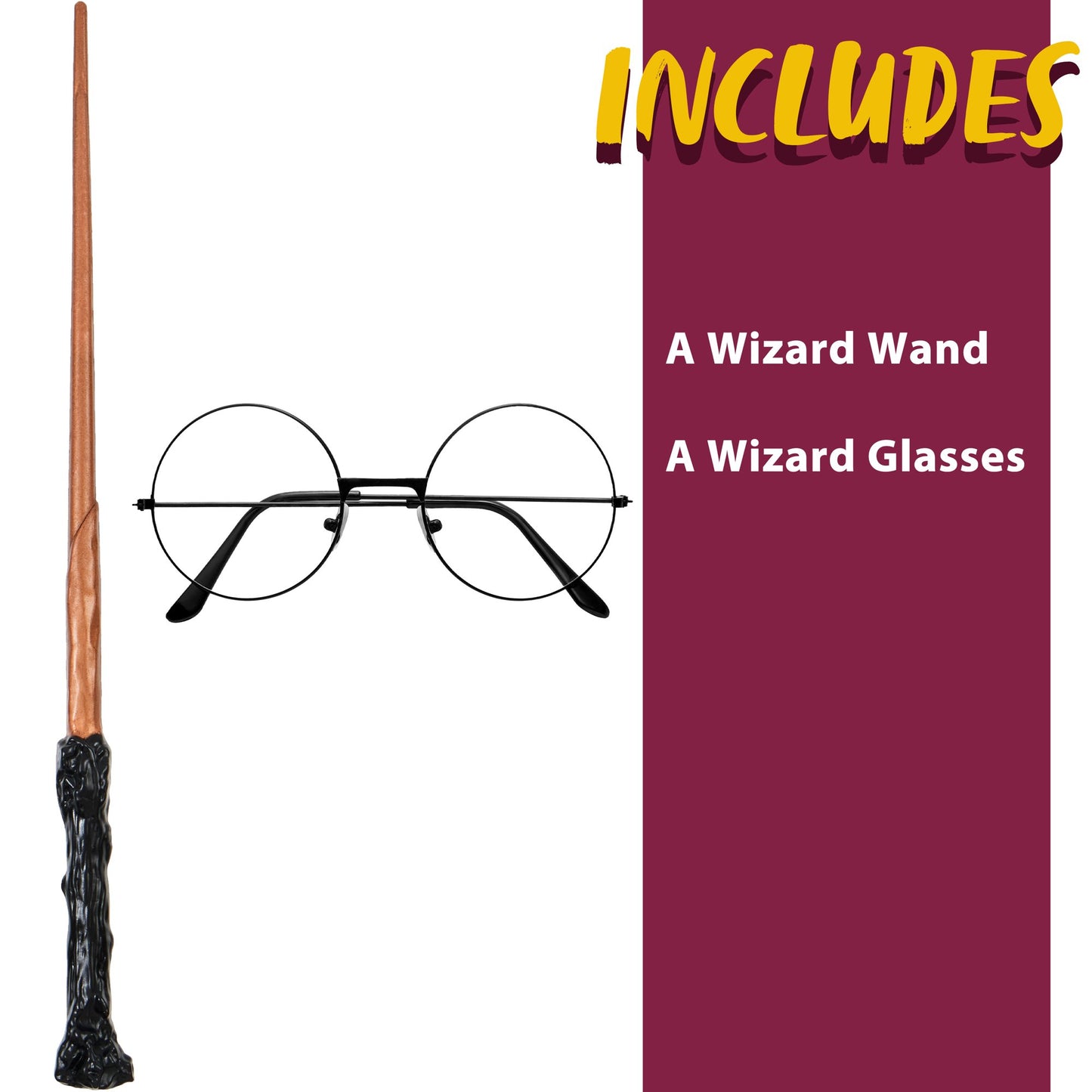 SYNCFUN 2 Pcs Halloween Wizard Costume Accessories Set with Black Nerd Circle Glasses and Novelty Witch Magic Wands,Cosplay Accessories for Kids and Adults Dress Up