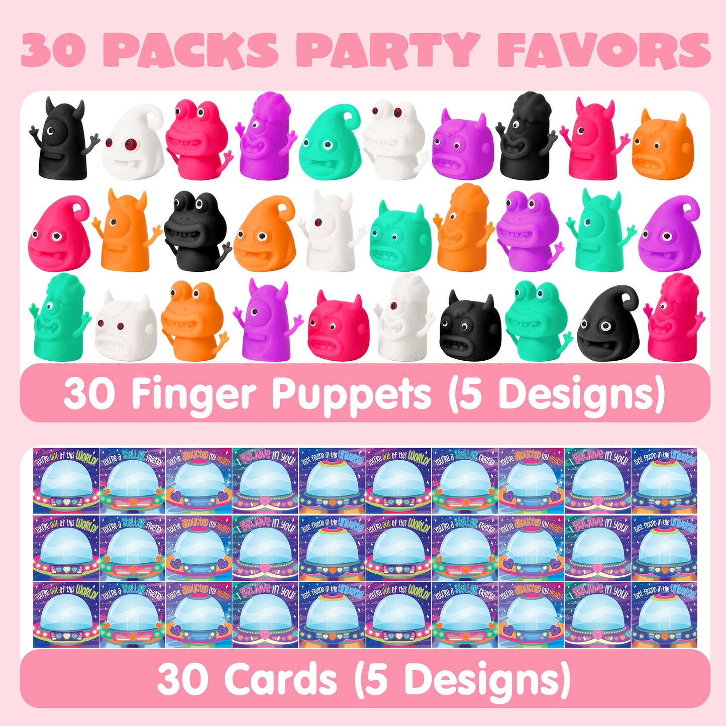 30 Packs Valentine's Day Finger Puppets with Cards, Classroom Exchange Gift for Kids, Valentine's Party Favors, Holiday Reward Prizes