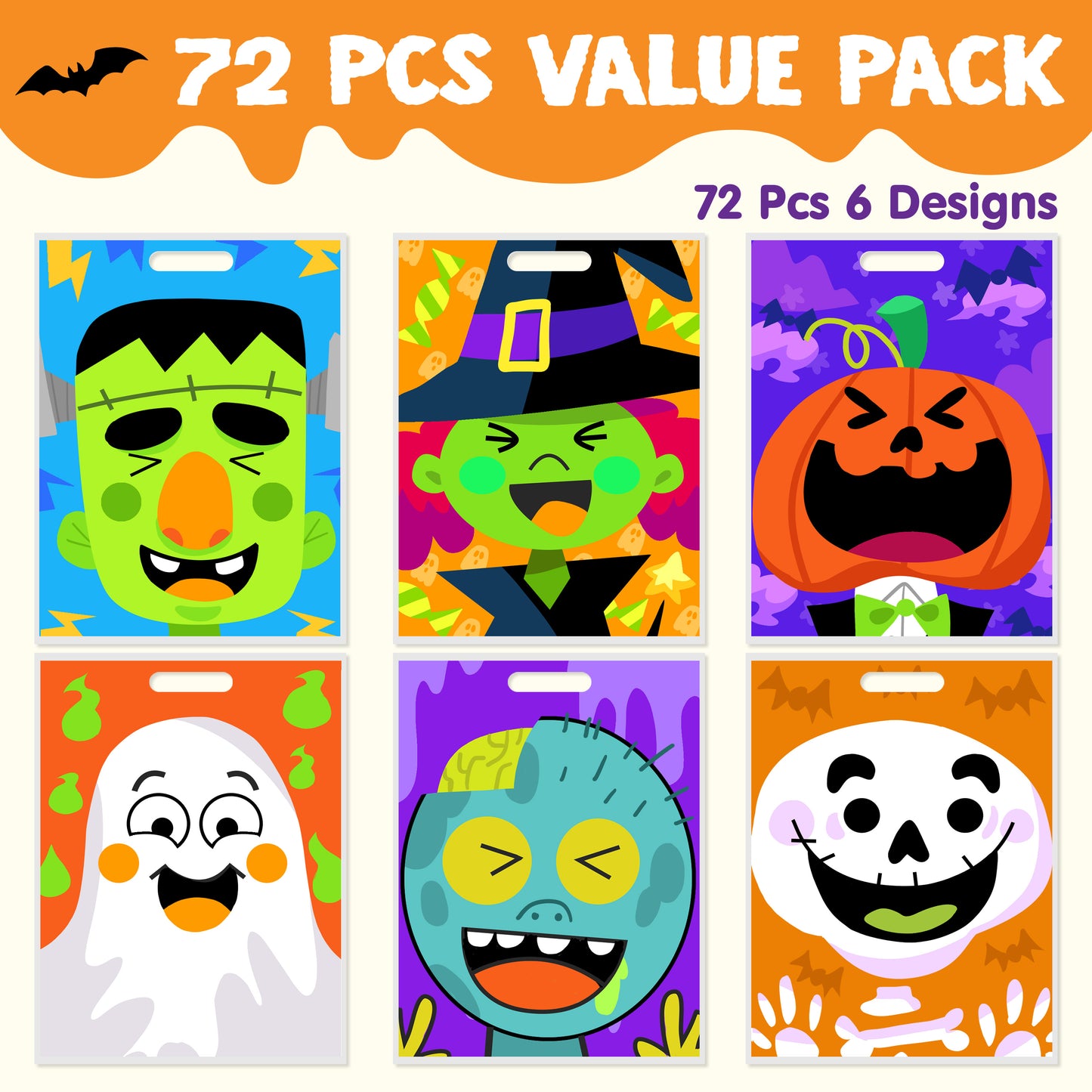 SYNCFUN 72 Pcs Halloween Treat Bags Goodie Bags Plastic Halloween Candy Bags Trick or Treat Creepy Designs Halloween Bags for Kids Trick or Treat,Classroom Goody Bags
