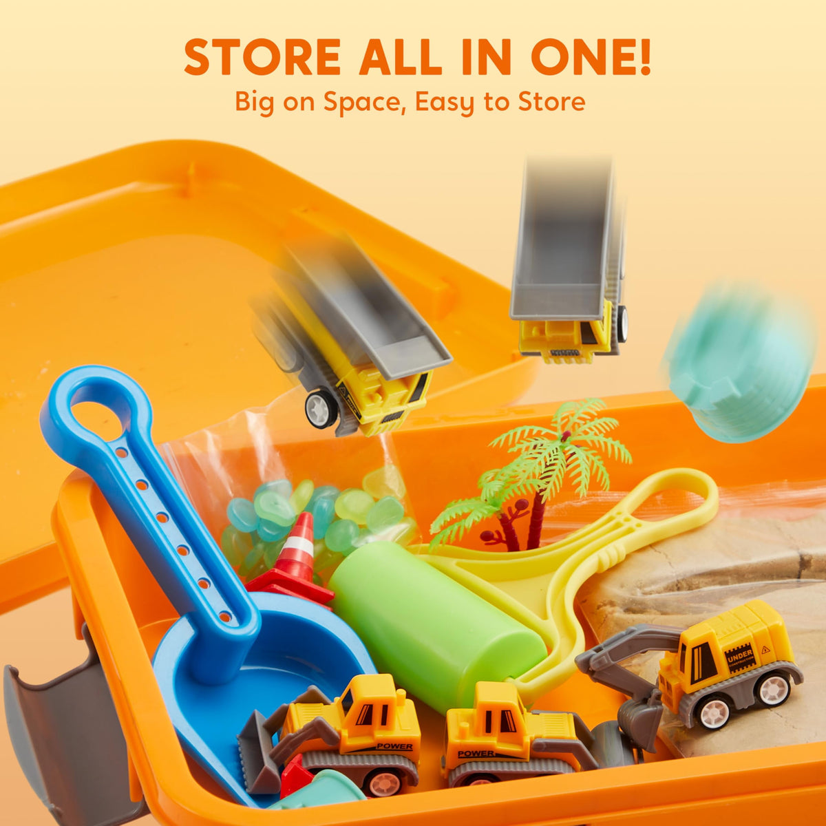 Construction sensory toys being stored inside orange play case
