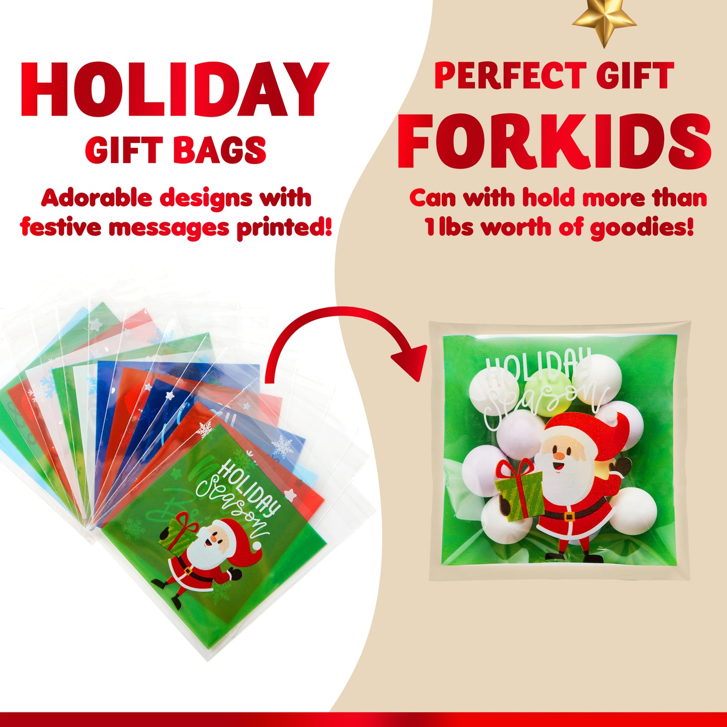Joyfy 300 Pcs Christmas Cookie Bags Self-adhesive Candy Bags Plastic Cellophane Treat Bags for Holiday Treats, Christmas Party Favors Supplies, Cute Christmas Cello Gift Bags, Xmas Goodie Bags