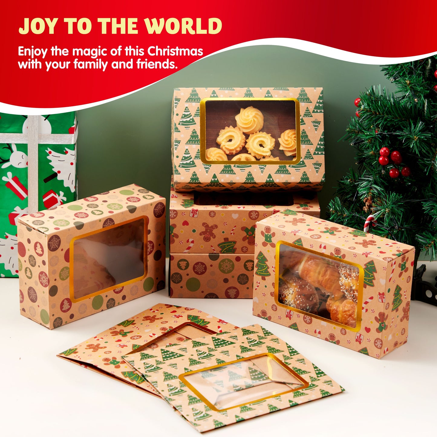 Joyfy 24 Pcs Christmas Foil Cookie Boxes with Window 8.75" x 5.75" x 2.75”Bakery Treat Gift Box for Pastries, Cupcakes, Cookies, Brownies, Donuts Gift Giving