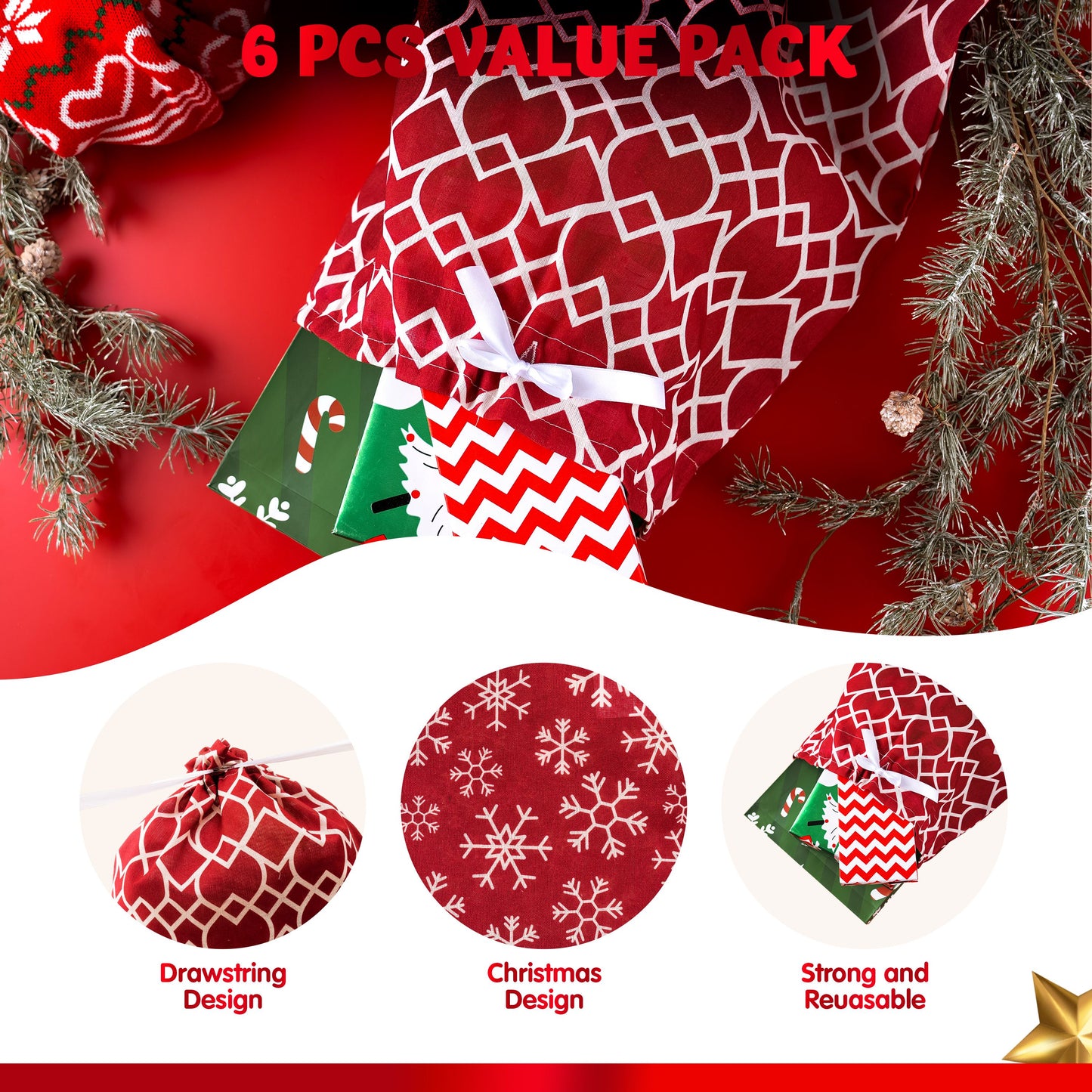 Joyfy Christmas Drawstring Gift Bags, 6Pcs Santa Sack Large Medium Small Sized Gift Wrapping Bag Set Xmas Party Supply Giant Gifts Decorations