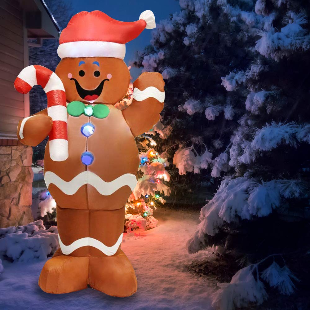 Joyfy 5 ft Christmas Inflatables Gingerbread Outdoor Decorations,Gingerbread Man Blow Ups with Built-in LEDs for Holiday Party Garden Lawn Yard Decor