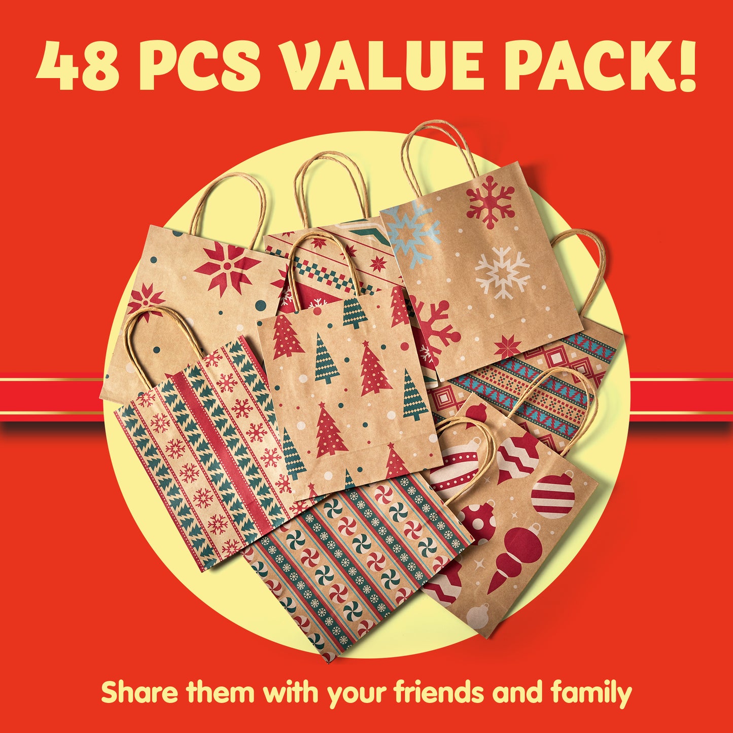 Joyfy 48 Pcs Christmas Present Bags, Kraft Bags with Handle for Christmas Party Favors, Gift Giving, Holidays Decorations, Xmas Treat Bags
