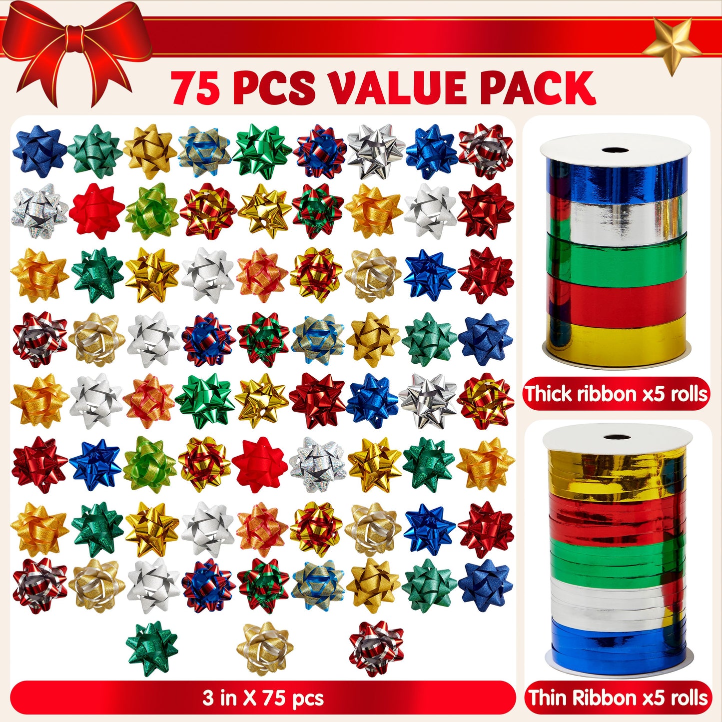Joyfy 77 Pcs Christmas Gift Bows & Gift Ribbons, 75pcs 3 Inch Christmas Self Adhesive Gift Bows and 2 Rolls of Christmas Curling Ribbons for Baskets, Wine Bottles, Gift Wrapping